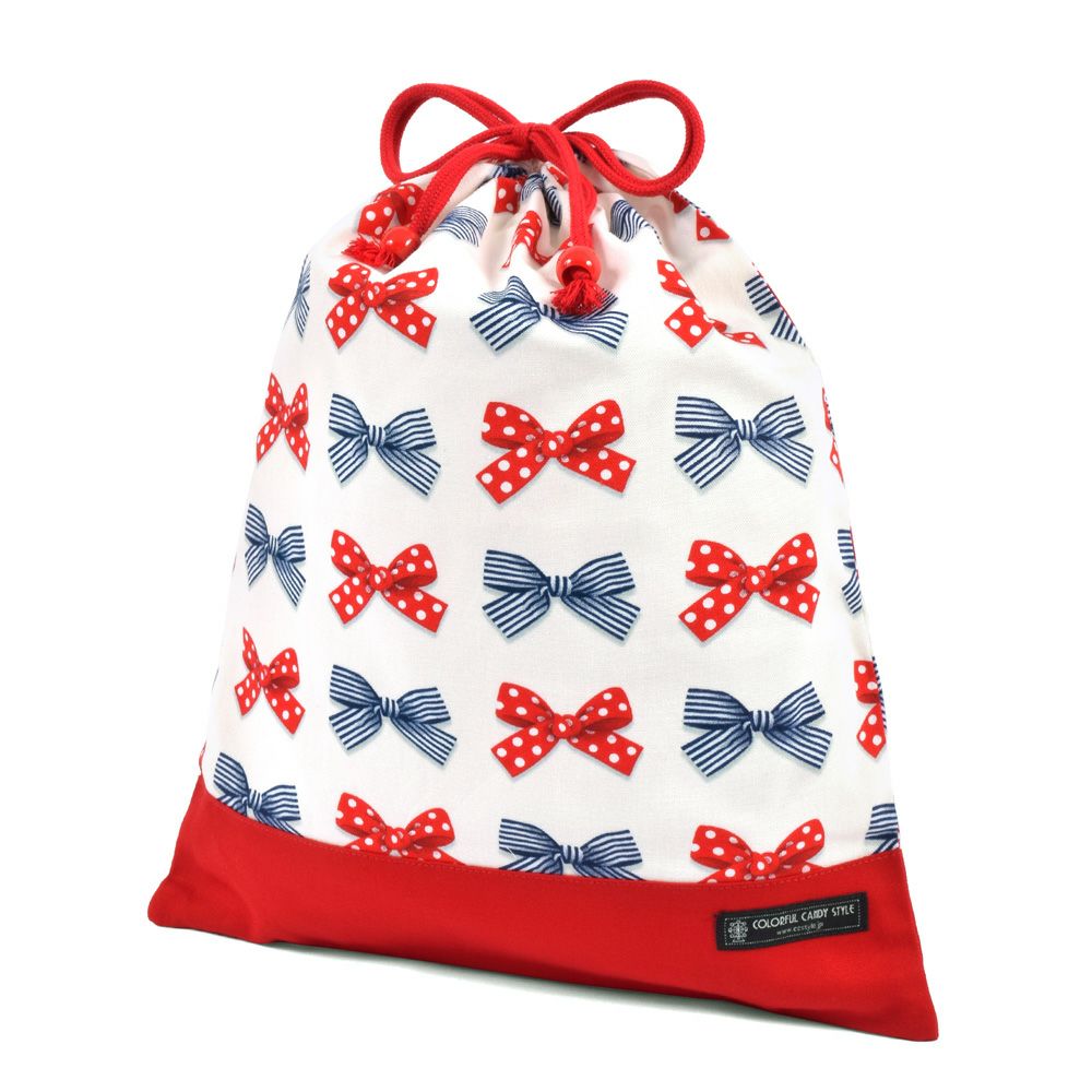 巾着　大　体操服袋(ネームタグ付き)　ポルカドットとストライプのフレンチリボン(アイボリー)×オックス・赤_1