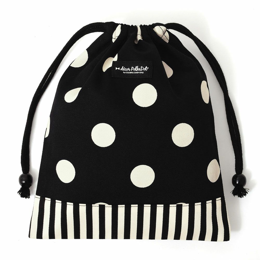 decor PolkaDot 巾着 給食袋 polka dot large(twill・black)×narrow stripe(twill・black)_1