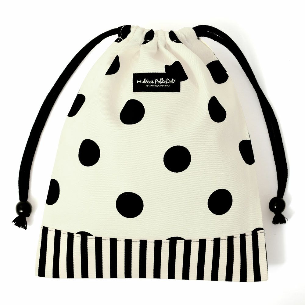 decor PolkaDot 巾着 給食袋 polka dot large(twill・white)×narrow stripe(twill・black)_1