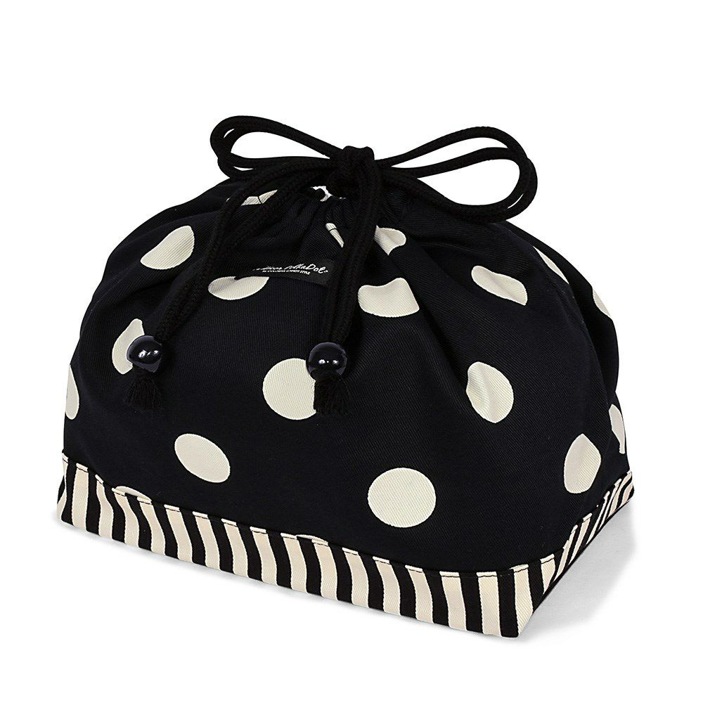 decor PolkaDot　巾着　中　マチ有りお弁当袋　polka dot large(twill・black)xnarrow stripe(twill・black)_1