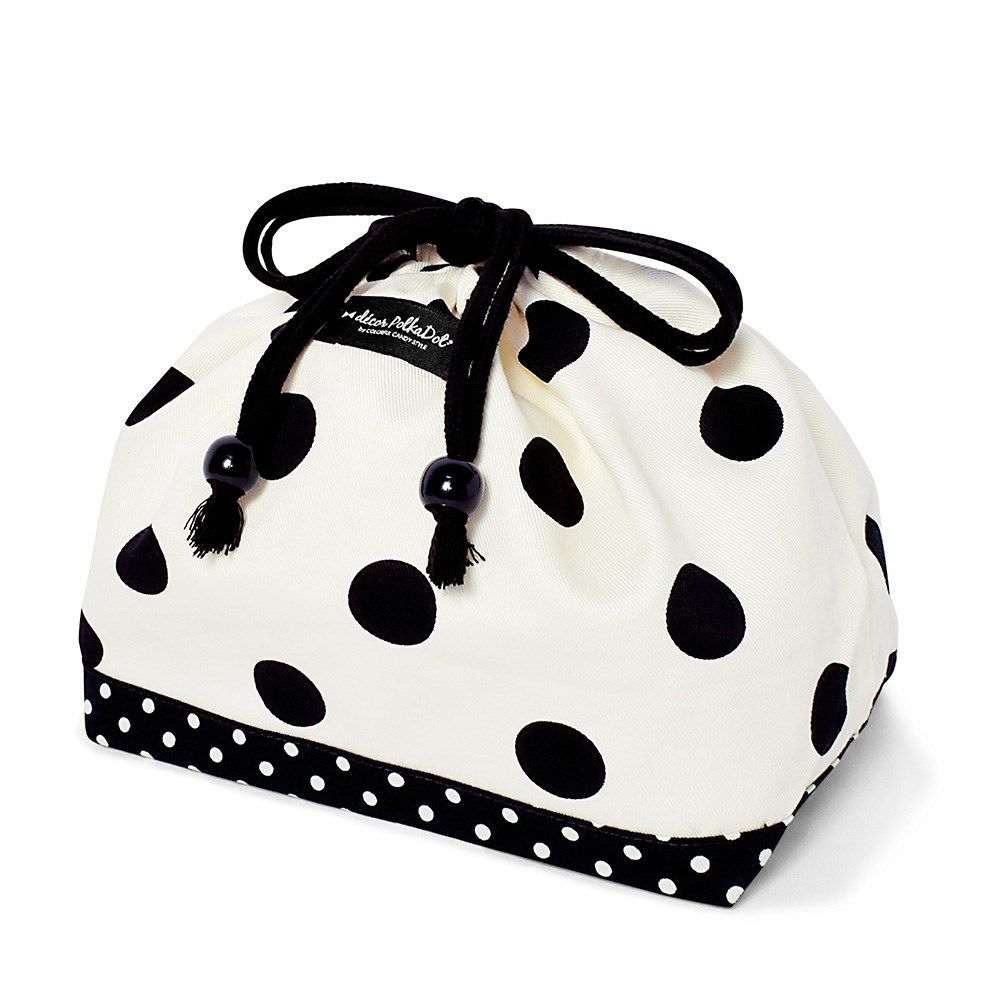 decor PolkaDot　巾着　中　マチ有りお弁当袋　polka dot large(twill・white)xpolka dot small(twill・black)_1