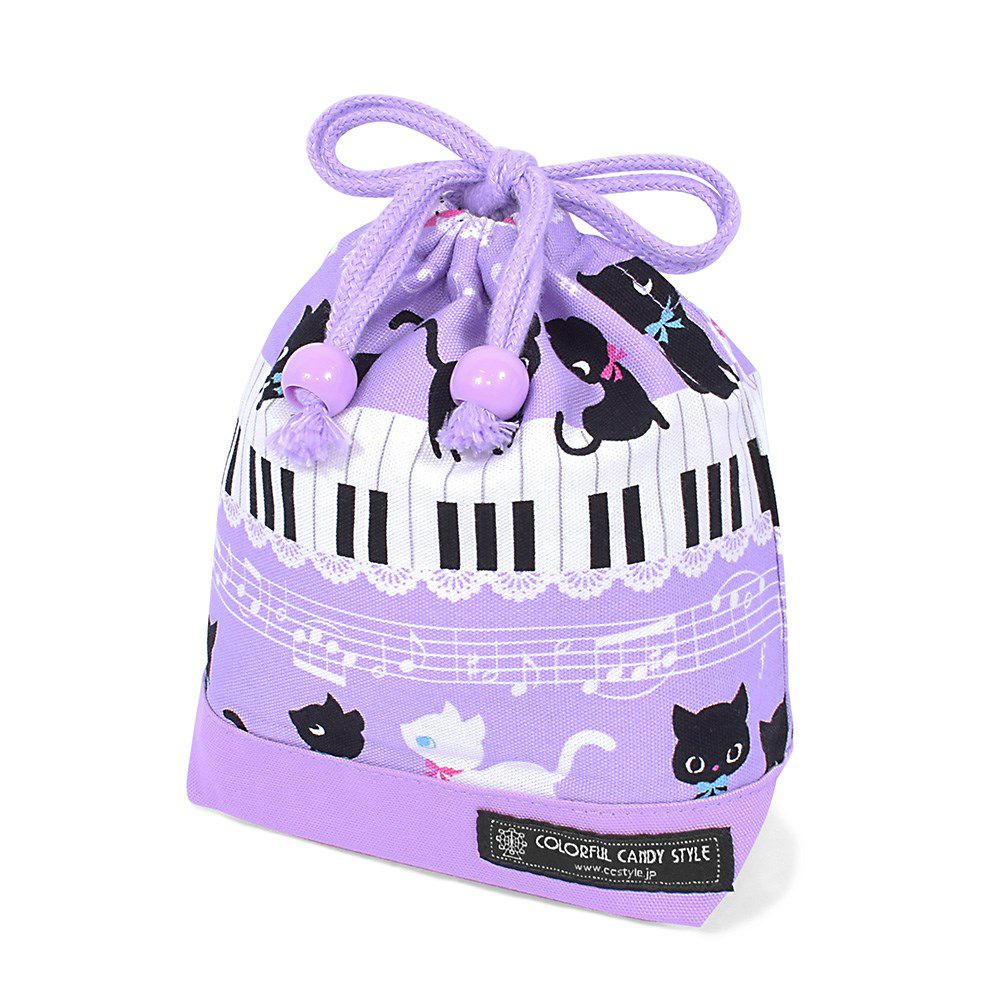 巾着　小　コップ袋(ネームタグ付き)　ピアノの上で踊る黒猫ワルツ(ラベンダー) × オックス・ラベンダー_1