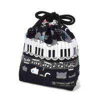 巾着　小　コップ袋(ネームタグ付き)　ピアノの上で踊る黒猫ワルツ(ブラック) × オックス・黒_1