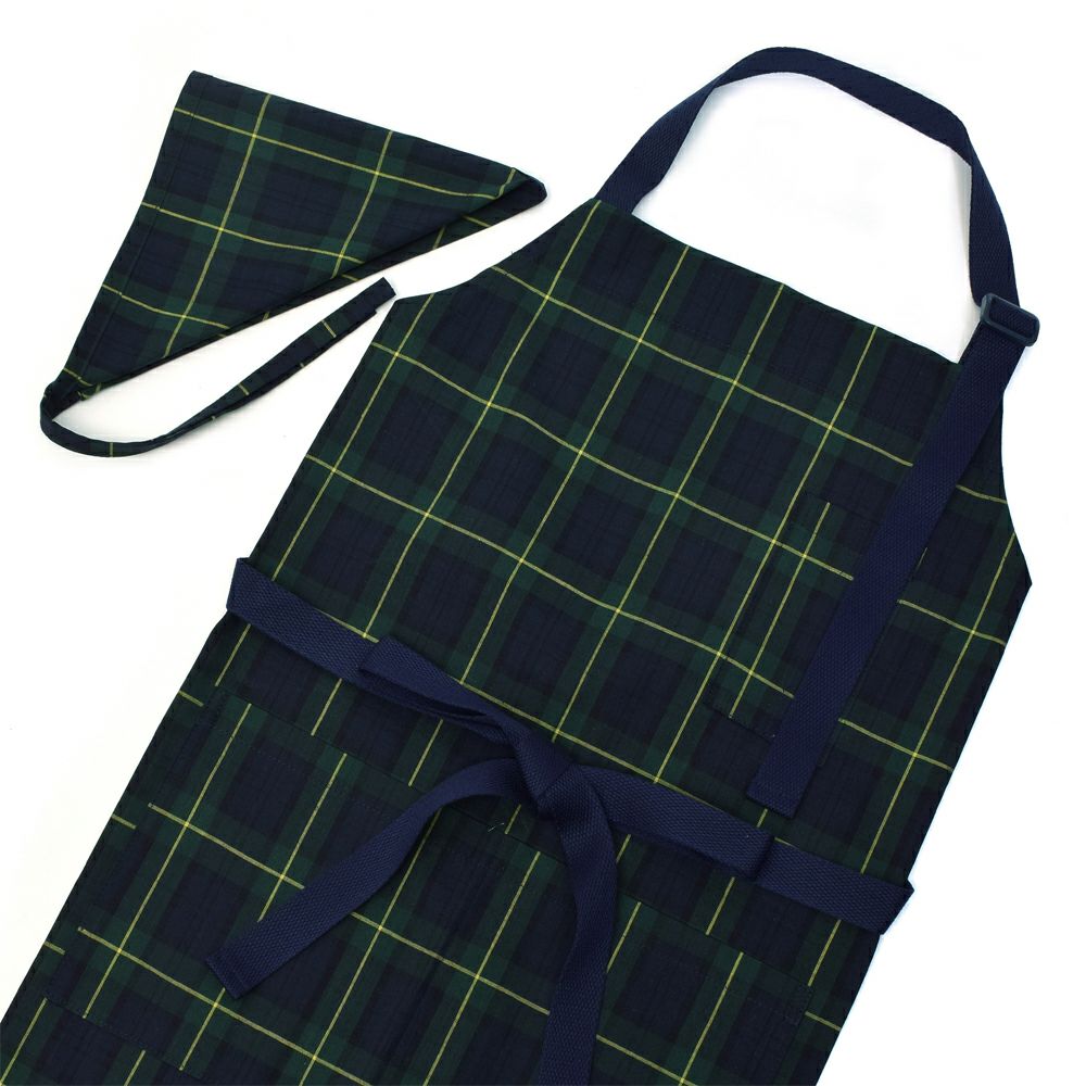 エプロン(150～フリーサイズ)三角巾付き タータンチェック・ダークグリーン_1