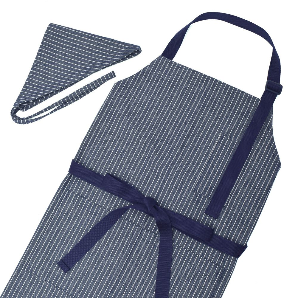 エプロン(150～フリーサイズ)三角巾付き ピンストライプ・インディゴ_1