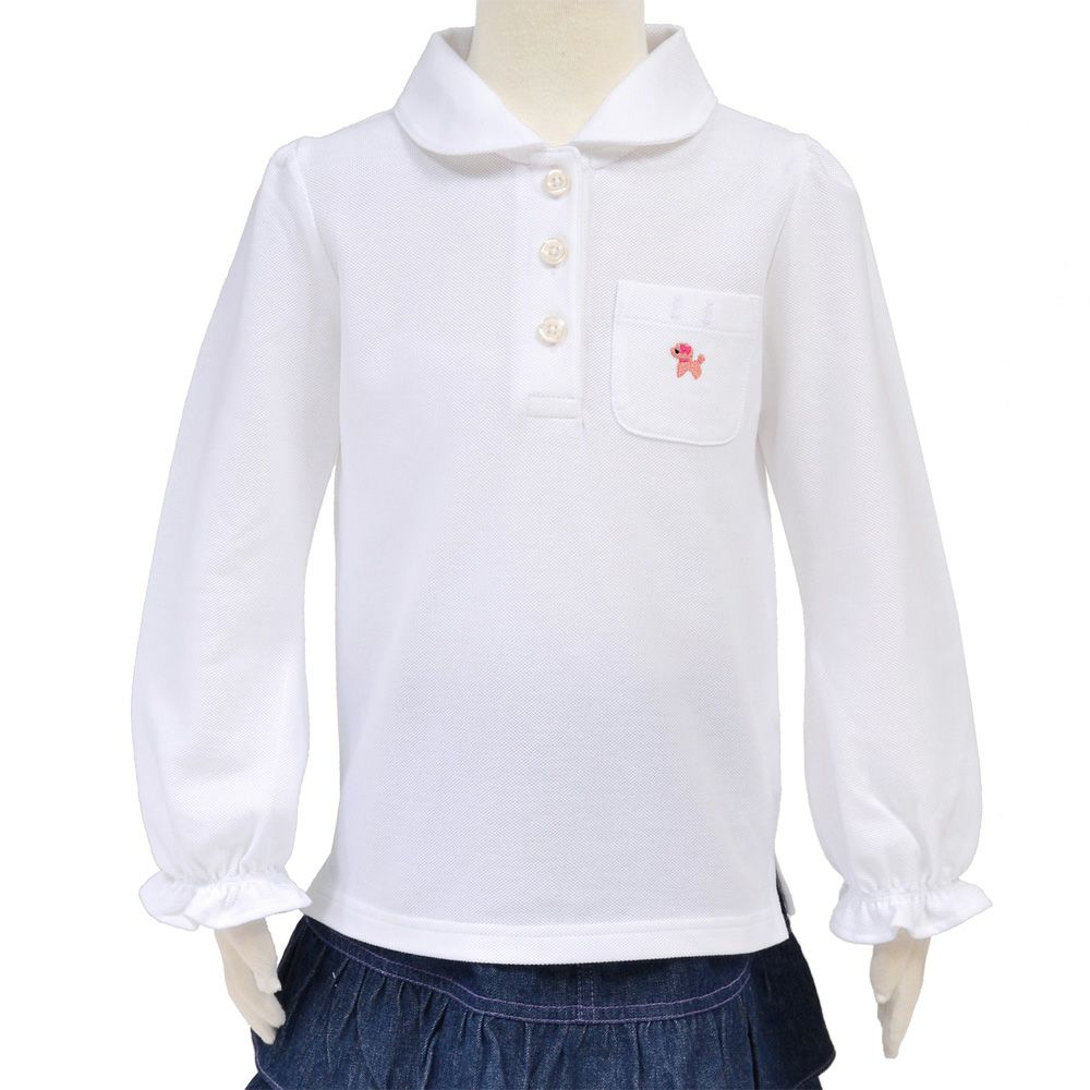 ポロシャツ(長袖)　ホワイト×プードル(刺繍入り)_1