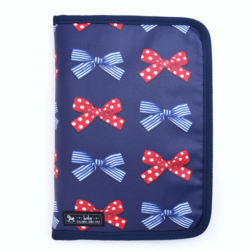 マルチケース/母子手帳ケース　ファスナータイプ　ポルカドットとストライプのフレンチリボン(ネイビー)_1